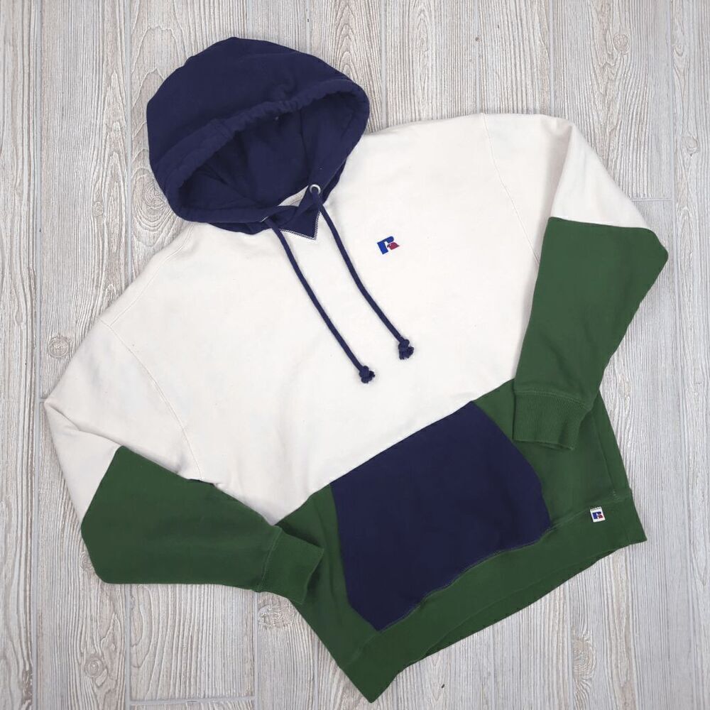 VTG Y2K Russell Athletic Men's M Colorblock White Green Pullover Hoodie Lounge